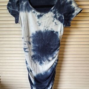 Blue & White Tie-Dye Ruched T-Shirt Dress – Short Sleeve Size Small